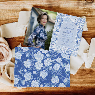 Blue White Chinoiserie Floral 50. Geburtstag Foto Einladung
