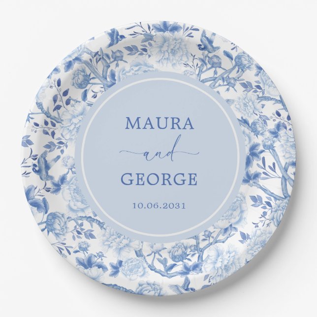 Blue White Chinoiserie Floral Wedding Monogram Pappteller (Vorderseite)