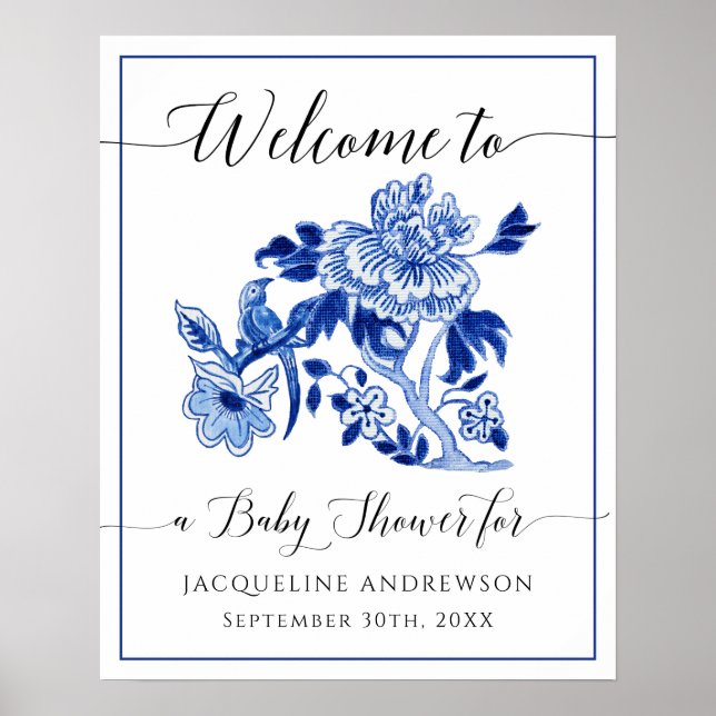 Blue White Chinoiserie Floral Welcome Baby Dusche Poster (Vorne)
