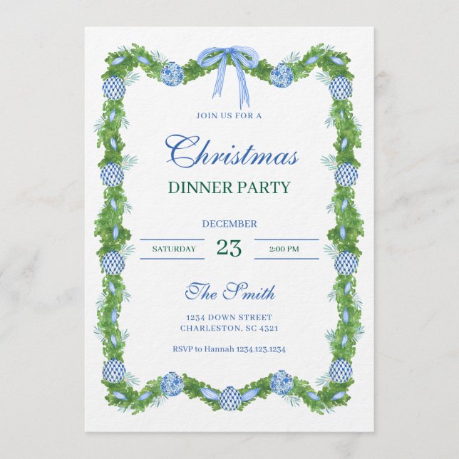 Blue & White Chinoiserie Garland Grandmillennial Einladung (Vorderseite)