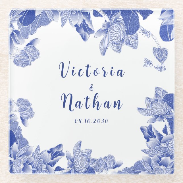 Blue & White Chinoiserie Lotus Glasuntersetzer (Vorderseite)