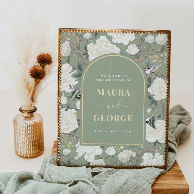 Blue White Chinoiserie Peony Bird Wedding Willkomm Poster (Von Creator hochgeladen)