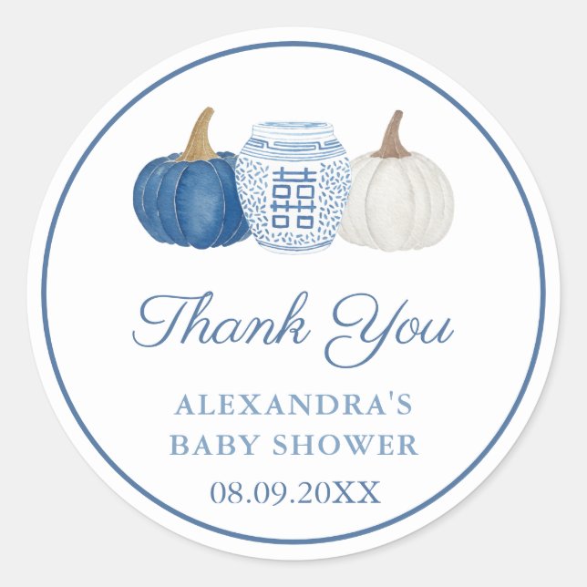 Blue & White Chinoiserie Pumpkin Dusche Vielen Dan Runder Aufkleber (Vorderseite)
