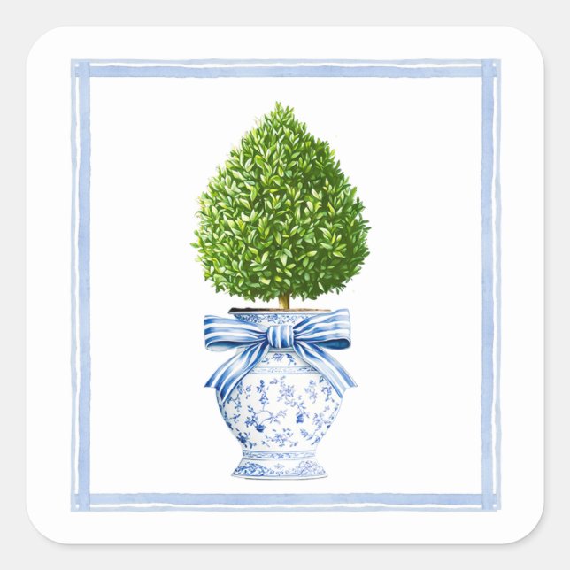 Blue & White Chinoiserie Topiary Quadratischer Aufkleber (Vorderseite)