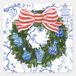 Blue & White Chinoiserie Weihnachtsfeiertag Quadratischer Aufkleber