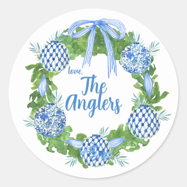 Blue & White Chinoiserie Wreath Grandmillenial Runder Aufkleber (Vorderseite)