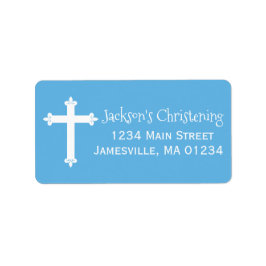 Blue, White Christening Address Labels mit Cross Adressaufkleber