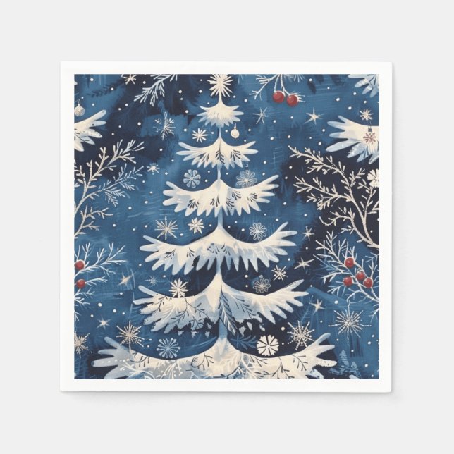 Blue White Christmas Tree Holiday Napkin Serviette (Vorderseite)