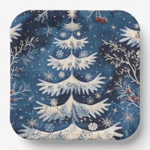 Blue White Christmas Tree Holiday Paper Plate Pappteller