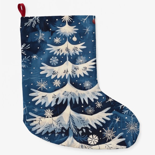 Blue White Christmas Tree Holiday Strumpf Großer Weihnachtsstrumpf (Vorderseite)