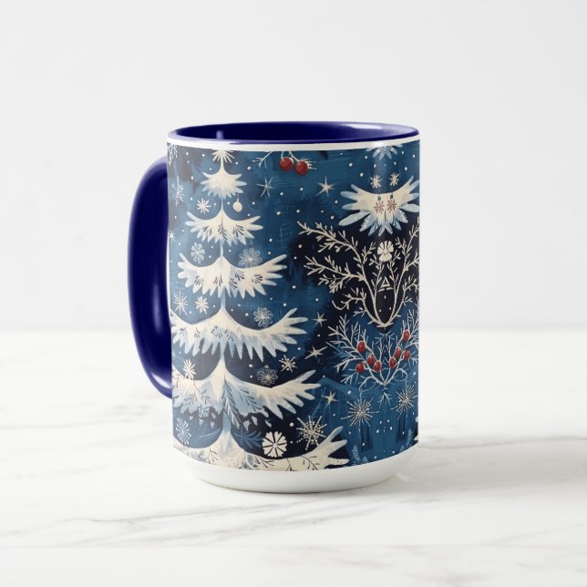 Blue White Christmas Tree Holiday Tasse (Vorderseite Links)
