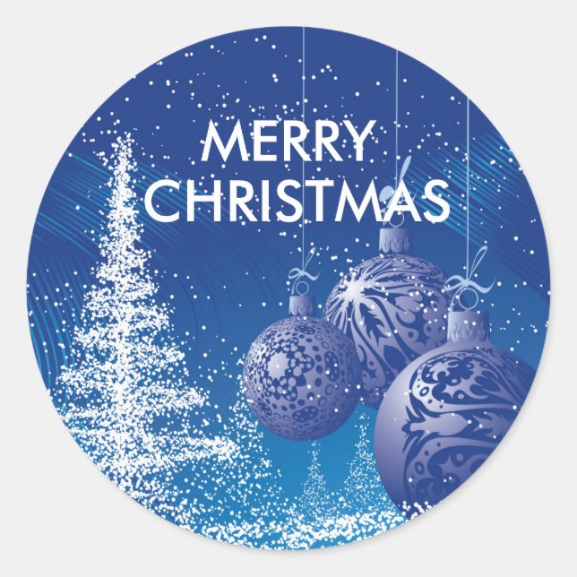 Blue & White Christmas Tree & Ornaments Runder Aufkleber (Vorderseite)