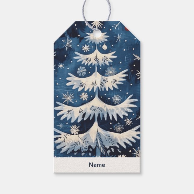 Blue White Christmas Tree Weihnachtsgeschenk Tag Geschenkanhänger (Vorderseite)