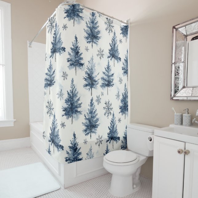 Blue White Christmas Trees Snowflakes Duschvorhang (Beispiel)