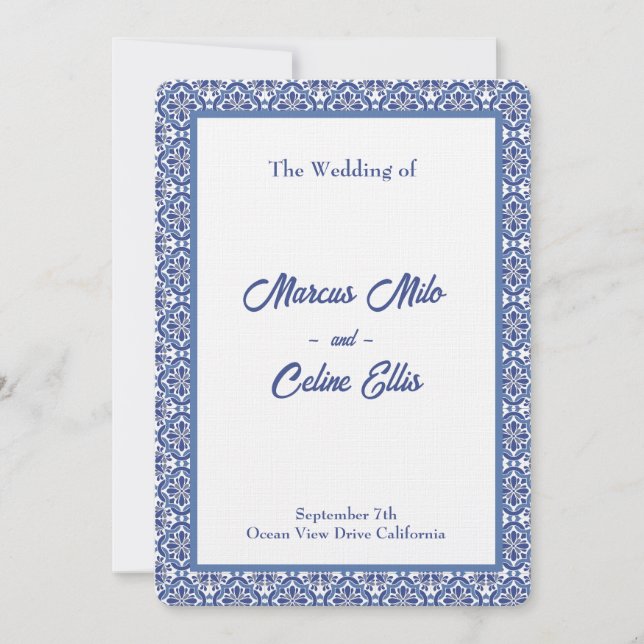 Blue & White Coastal Mediterrane Hochzeit Einladung (Vorderseite)
