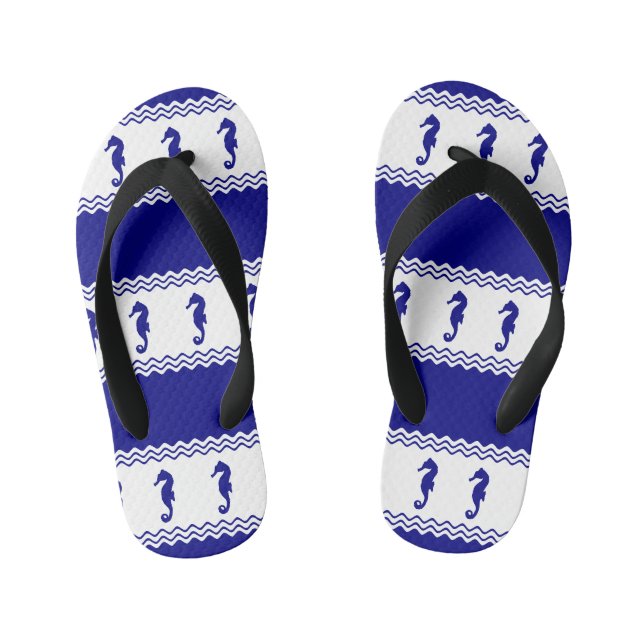 Blue White Coastal Seahorses Stripes Kinderbadesandalen (Fußbett)
