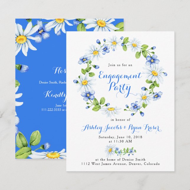 Blue White Country Daisy Floral Engagement Party Einladung (Vorne/Hinten)