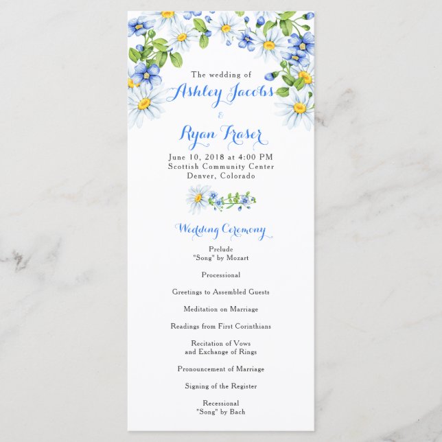 Blue White Country Daisy Floral Wedding Programme (Devant)