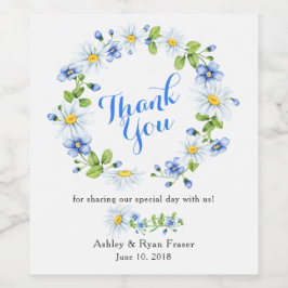 Blue White Country Daisy Floral Wedding Vielen Dan Weinetikett