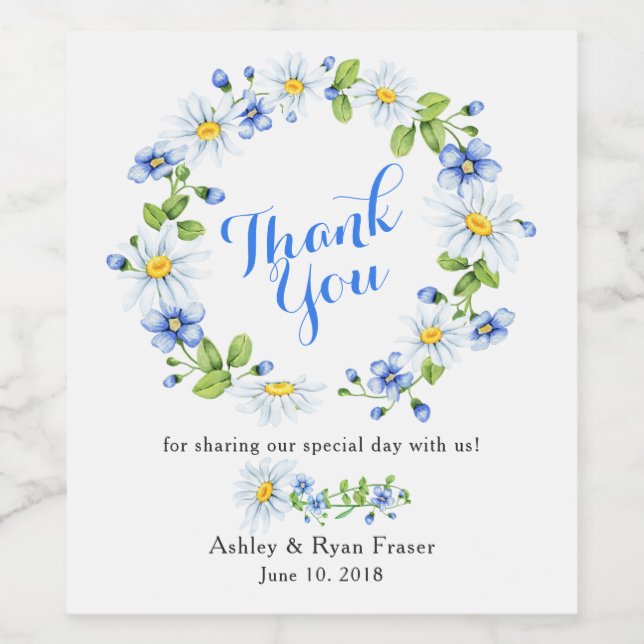 Blue White Country Daisy Floral Wedding Vielen Dan Weinetikett (Einzelnes Label)