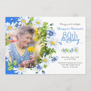 Blue White Country Daisy Foto 80. Geburtstag Einladung