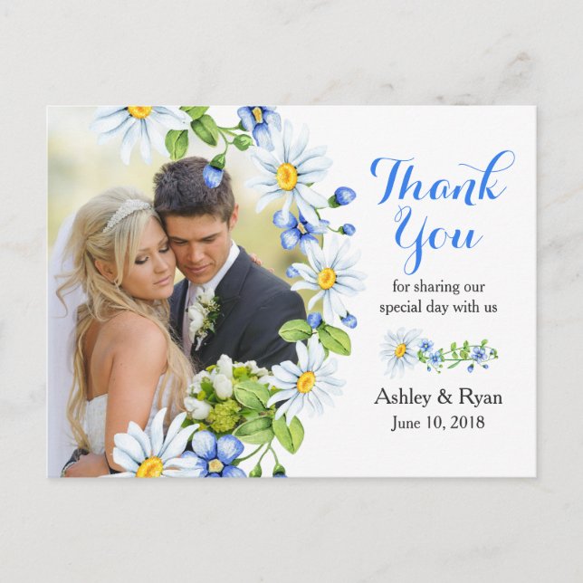 Blue White Country Daisy Foto Hochzeit Vielen Dank Postkarte (Vorderseite)