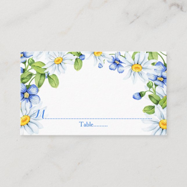 Blue White Country Daisy Wedding Platzkarten (Vorderseite)