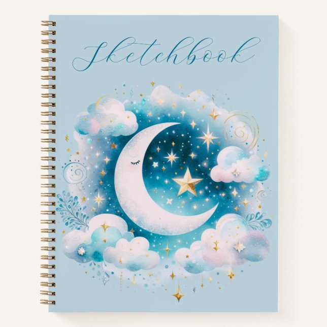 Blue White Crescent Moon Celestial Boho Sketchbook Notizbuch (Vorderseite)
