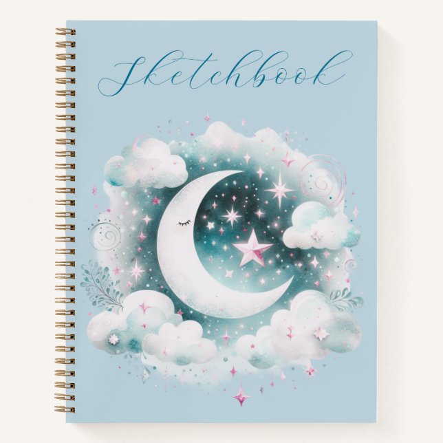 Blue White Crescent Moon Celestial Boho Sketchbook Notizbuch (Vorderseite)