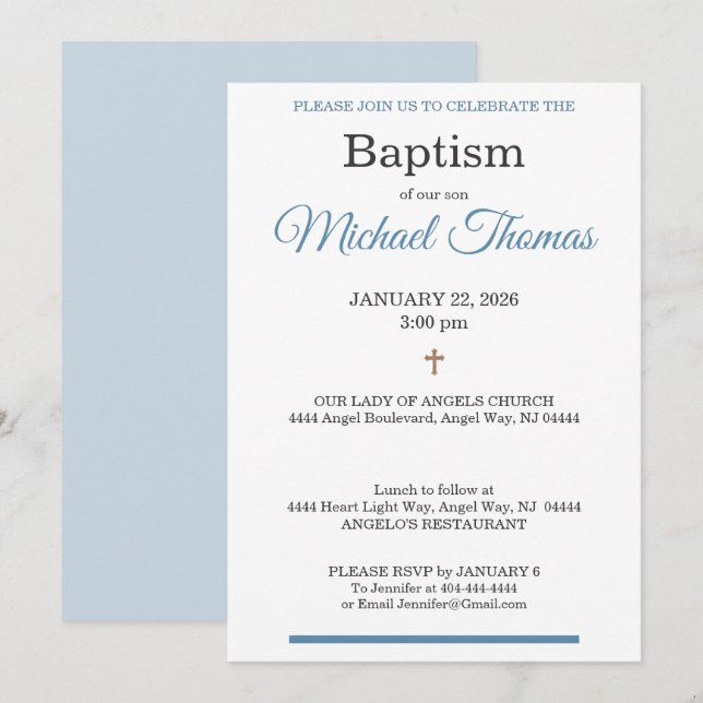 Blue White Cross Custom Name Baptism Einladung (Vorne/Hinten)