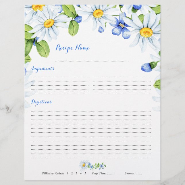 Blue White Daisy Floral Binder Rezept Beilagen Flyer (Vorne)