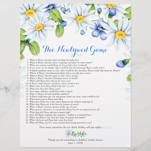 Blue White Daisy Floral Brautparty Games Flyer (Vorne)