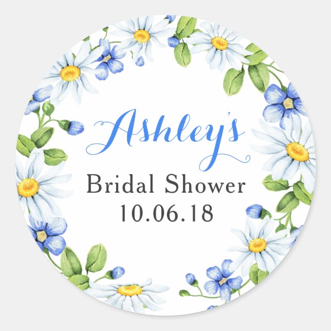 Blue White Daisy Floral Brautparty Vielen Dank Runder Aufkleber (Vorderseite)