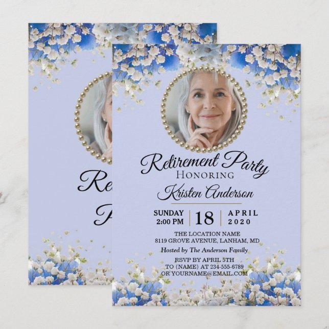 Blue White Daisy Floral Retirement Party Einladung (Vorne/Hinten)
