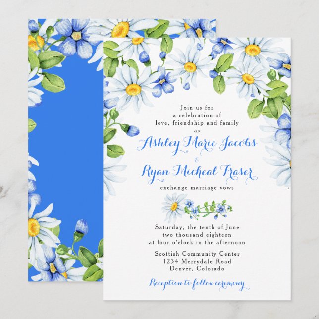 Blue White Daisy Floral Wedding Einladung (Vorne/Hinten)