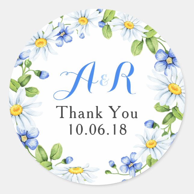 Blue White Daisy Floral Wedding Vielen Dank Runder Aufkleber (Vorderseite)