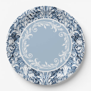 Blue White Damask Floral Wirbel Persönlich Pappteller