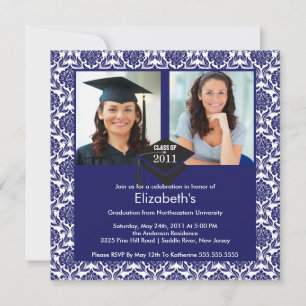 Blue & White Damask Foto Abschluss Einladung
