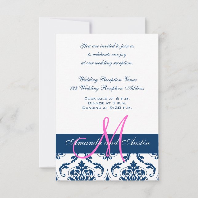 Blue White Damask Hochzeitsfeier Empfang Einladung (Vorderseite)
