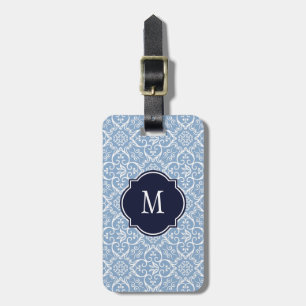 Blue & White Damask Monogram Gepäckanhänger