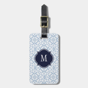 Blue & White Damask Monogram Gepäckanhänger