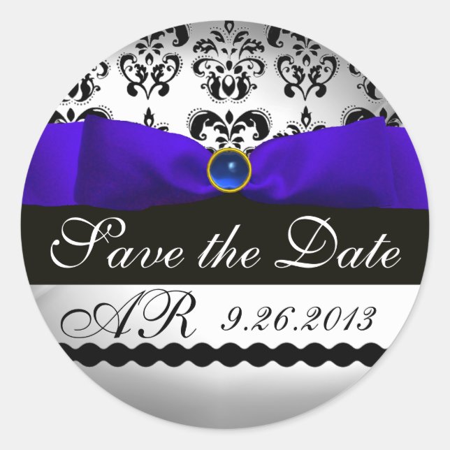 BLUE & WHITE DAMASK RIBBON MONOGRAM Saphire Runder Aufkleber (Vorderseite)