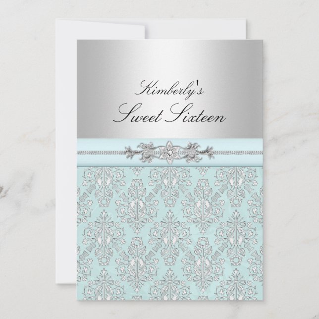 Blue & White Damask Sweet 16 Ankündigungen (Vorderseite)