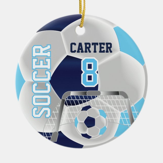 Blue, White & Dark Blue Personalize Soccer ⚽ Keramik Ornament (Vorne)