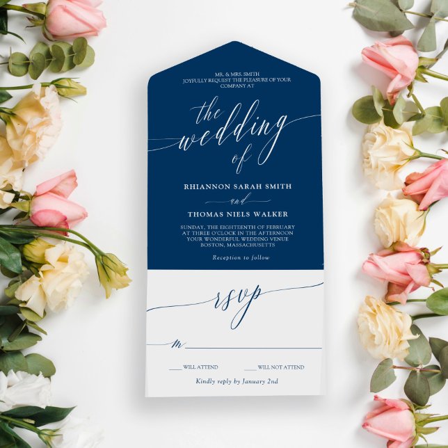 Blue White Delicate Calligraphy Wedding All In One Einladung (Von Creator hochgeladen)