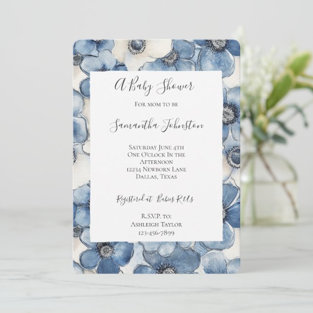 Blue White Denim Blume Babydusche Einladung (Stehend Vorderseite)