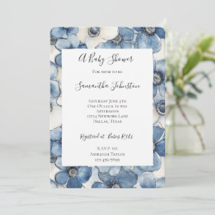 Blue White Denim Blume Babydusche Einladung