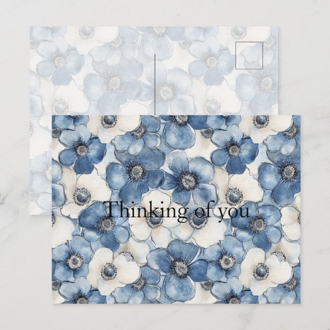 Blue White Denim Blume Denken Sie an Sie Postkarte (Vorne/Hinten)