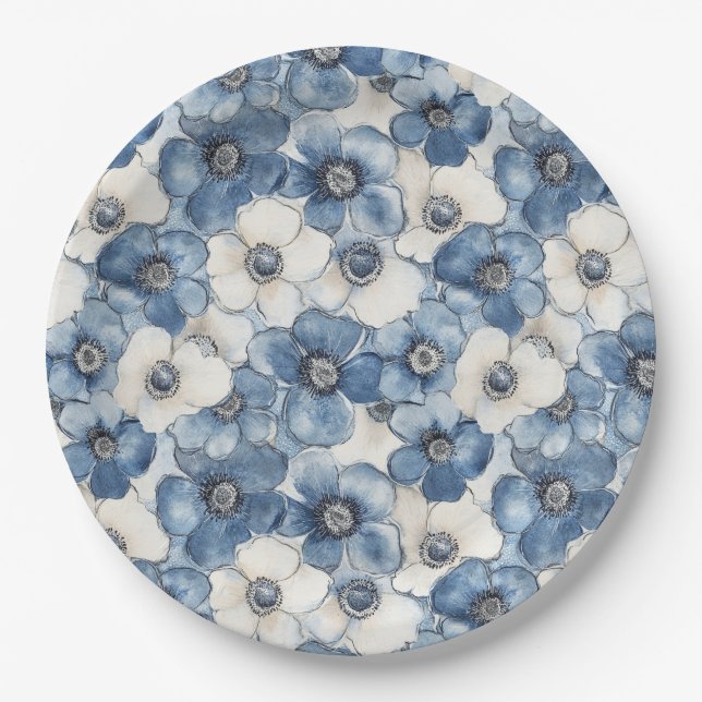 Blue White Denim Blume Geburtstag Pappteller (Vorderseite)