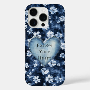 Blue White Denim Blume Herz iPhone 16 Pro Hülle
